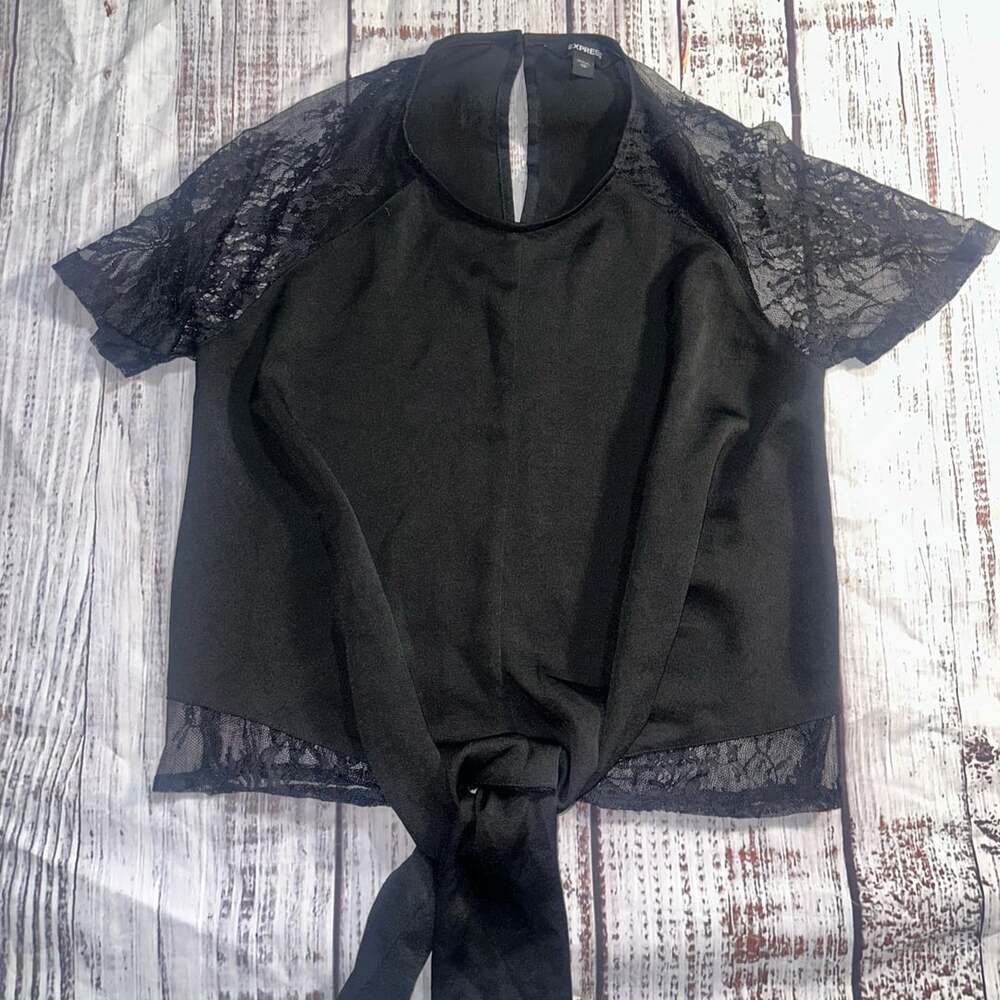 Express Black Lace Tie Back Top Size XS Short Sleeve Blouse